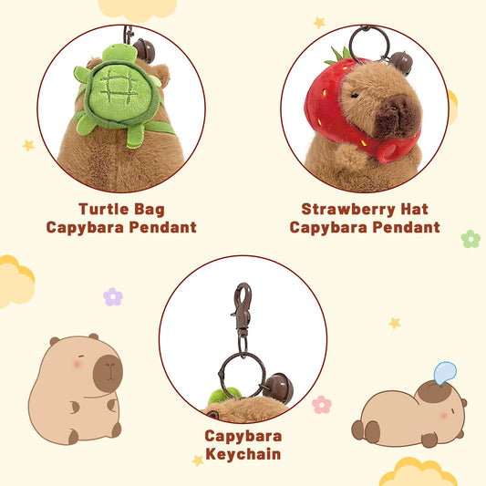 🧸 Duoai 2 Pcs Capybara Plush Keychains – Soft & Cute Bag Charms with Turtle Shell or Strawberry Hood - Duoai Plush