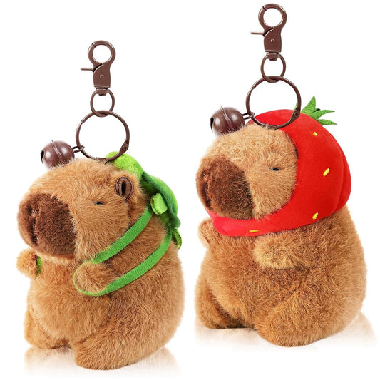 🧸 Duoai 2 Pcs Capybara Plush Keychains – Soft & Cute Bag Charms with Turtle Shell or Strawberry Hood - Duoai Plush