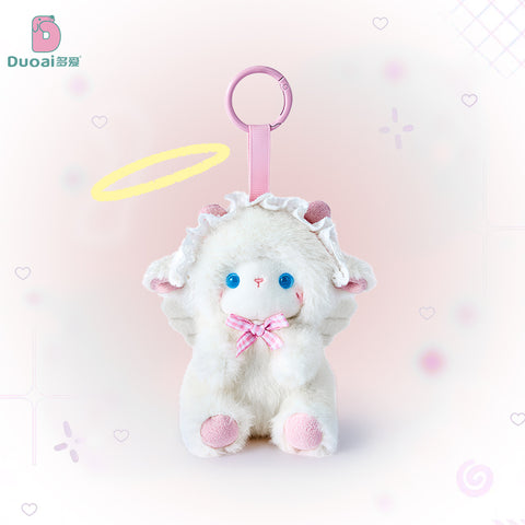 Duoai Fluffy Angel Lamb Plush Keychain – Kawaii Sheep Bag Charm with Pink blue Bow