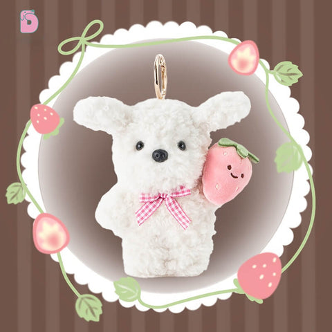 Duoai Vintage Puppy Plush Keychain – Realistic Mini Dog Bag Charm with Apple, Cherry & Strawberry (4" Cute Gift)