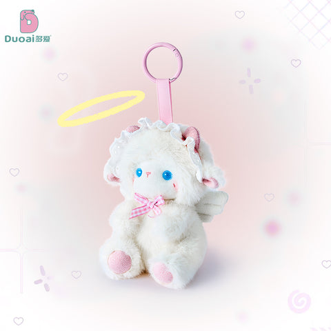 Duoai Fluffy Angel Lamb Plush Keychain – Kawaii Sheep Bag Charm with Pink blue Bow
