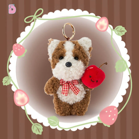 Duoai Vintage Puppy Plush Keychain – Realistic Mini Dog Bag Charm with Apple, Cherry & Strawberry (4" Cute Gift)