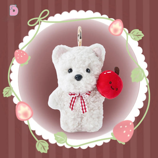 Duoai Vintage Puppy Plush Keychain – Realistic Mini Dog Bag Charm with Apple, Cherry & Strawberry (4" Cute Gift)