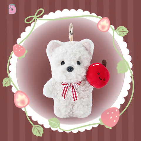 Duoai Vintage Puppy Plush Keychain – Realistic Mini Dog Bag Charm with Apple, Cherry & Strawberry (4" Cute Gift)