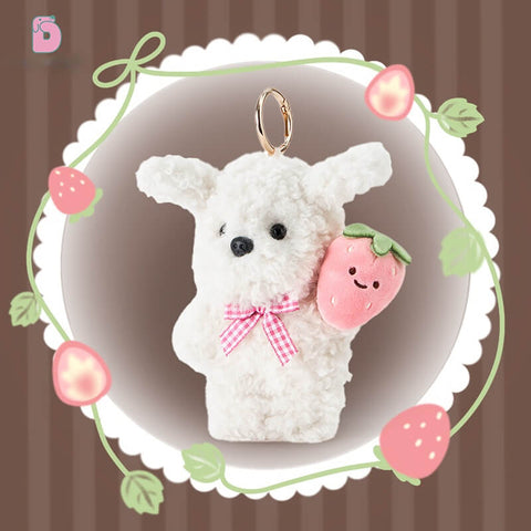 Duoai Vintage Puppy Plush Keychain – Realistic Mini Dog Bag Charm with Apple, Cherry & Strawberry (4" Cute Gift)