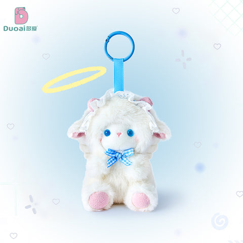 Duoai Fluffy Angel Lamb Plush Keychain – Kawaii Sheep Bag Charm with Pink blue Bow