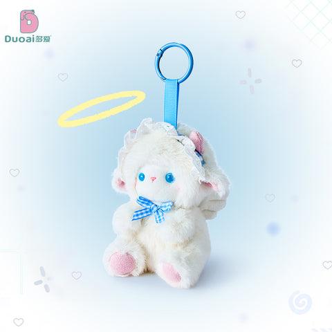 Duoai Fluffy Angel Lamb Plush Keychain – Kawaii Sheep Bag Charm with Pink blue Bow