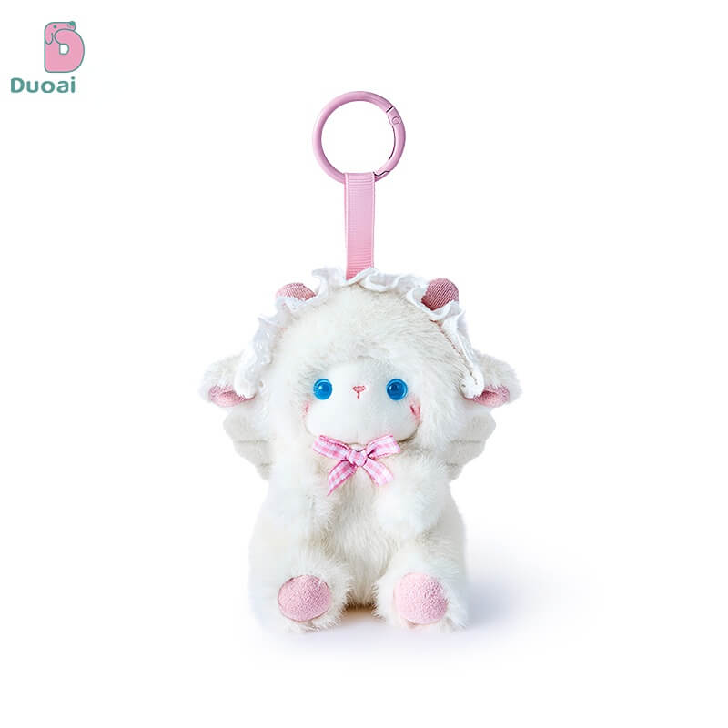 Duoai Fluffy Angel Lamb Plush Keychain – Kawaii Sheep Bag Charm with Pink blue Bow