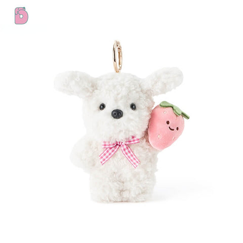 Duoai Vintage Puppy Plush Keychain – Realistic Mini Dog Bag Charm with Apple, Cherry & Strawberry (4" Cute Gift)