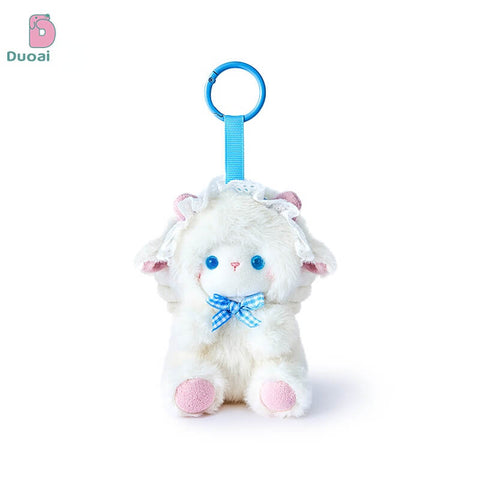Duoai Fluffy Angel Lamb Plush Keychain – Kawaii Sheep Bag Charm with Pink blue Bow