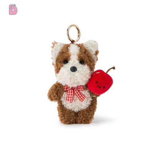 Duoai Vintage Puppy Plush Keychain – Realistic Mini Dog Bag Charm with Apple, Cherry & Strawberry (4" Cute Gift)
