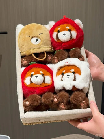 Duoai Red Panda Plush – 4.7" Desk Buddy with Cute Hoodie (Strawberry, Ghost, Apple & Paper Bag Duoai Plush
